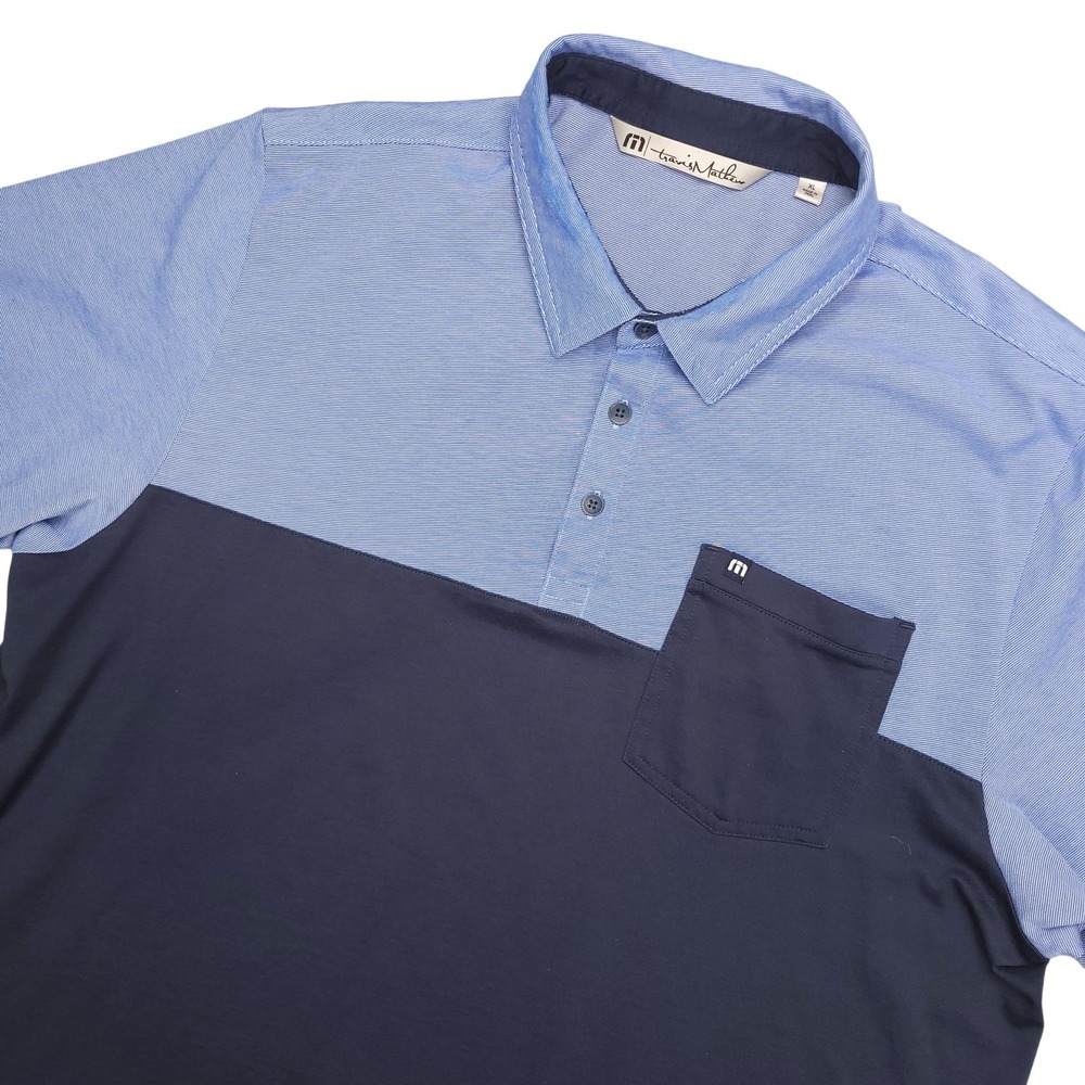 TravisMathew Polo Shirt Mens XL Blue Navy Colorblock Pima Cotton Golf Casual